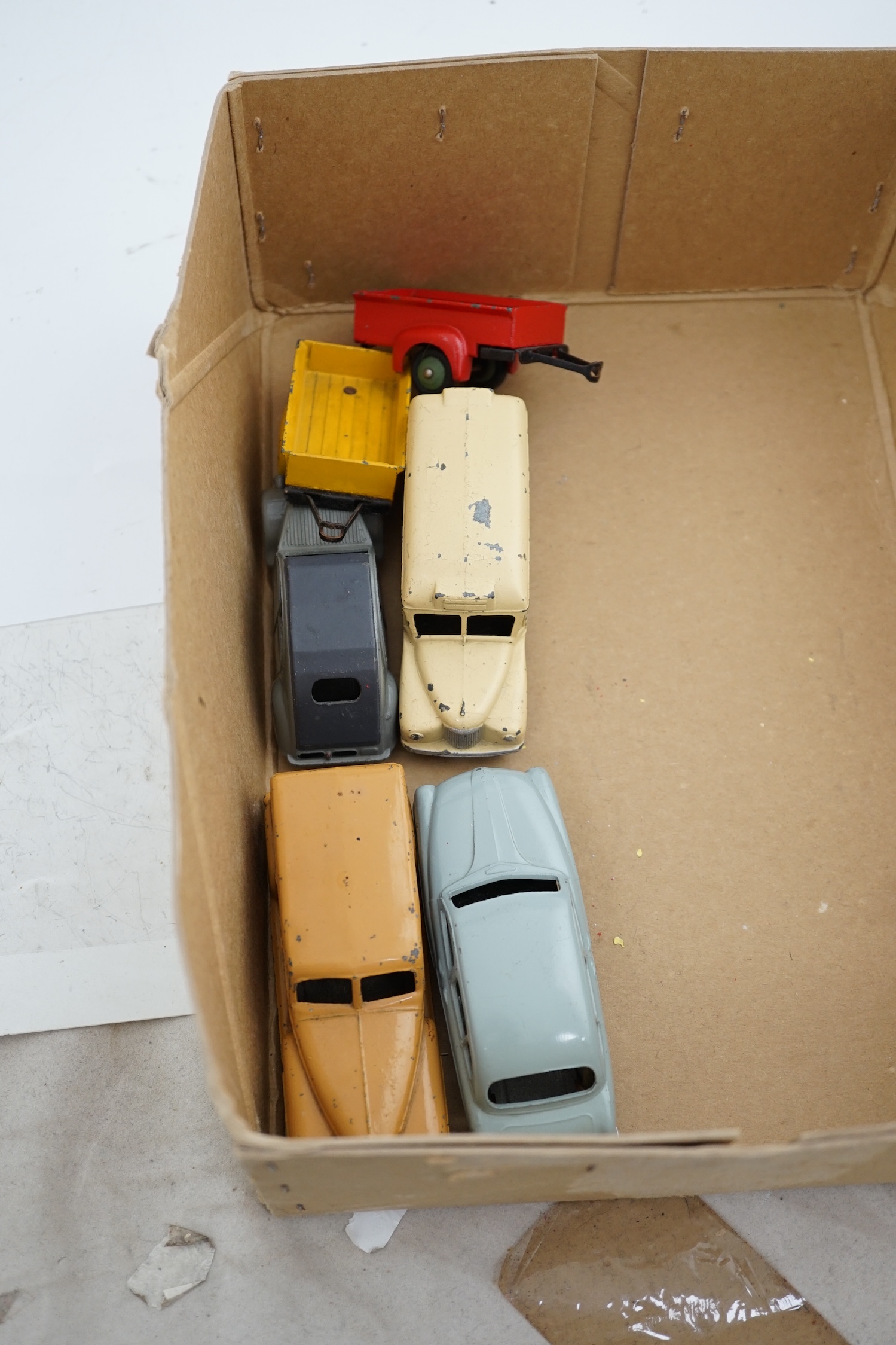 Twenty-seven Dinky Toys and French Dinky Toys, together with other diecast vehicles by Spot-On, Corgi, Matchbox Series, Mercury, CIJ, etc.